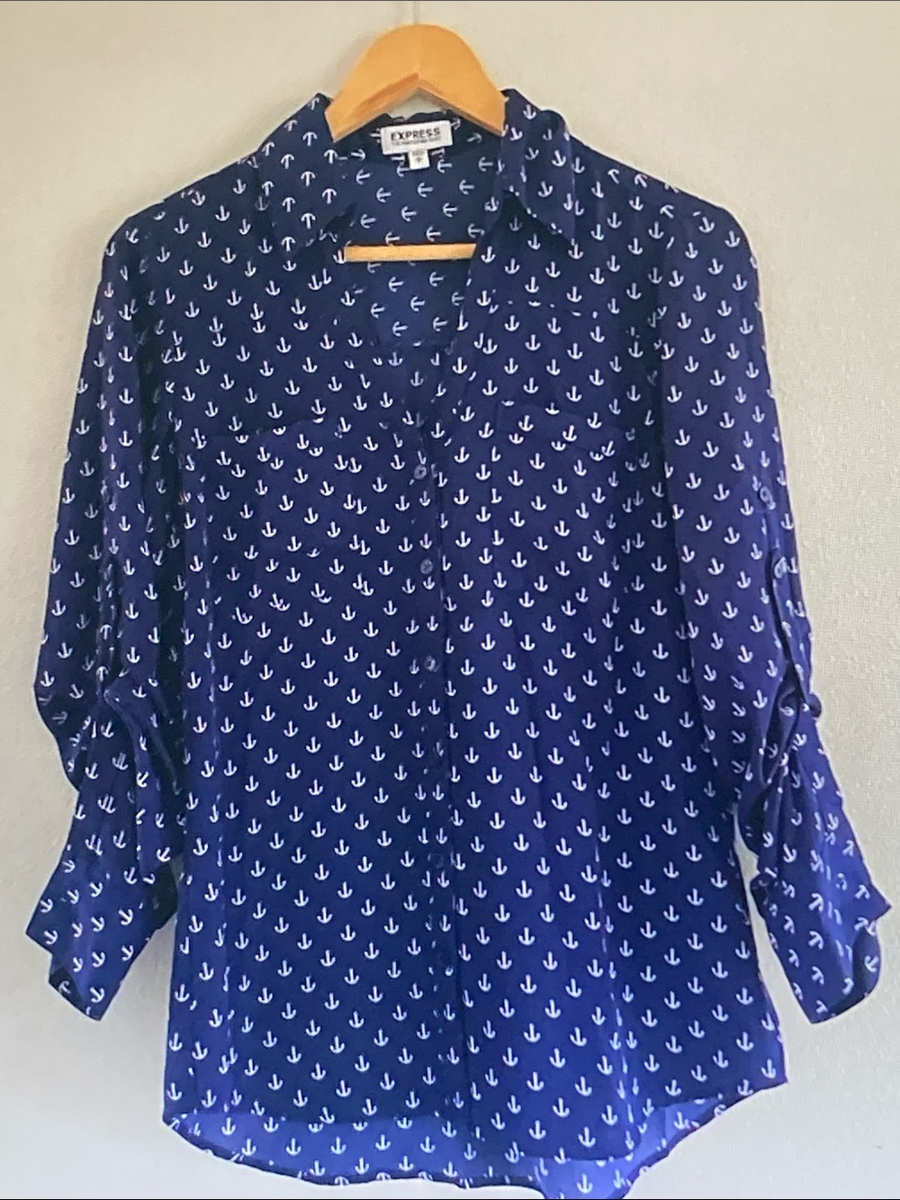Express Navy Blue Button-Down Shirt with White Anchor Print
